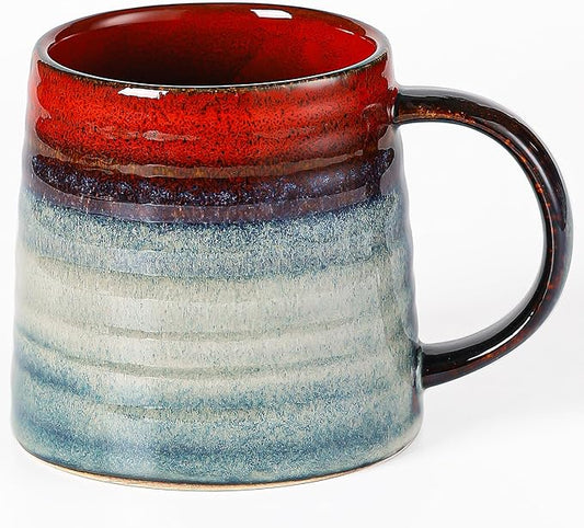 Large Ceramic Coffee Mug, Handmade Pottery Mugs, Tea Cups with Big Handle for Office and Home, 15.5 oz, Dishwasher and Microwave Safe (Ink Red)