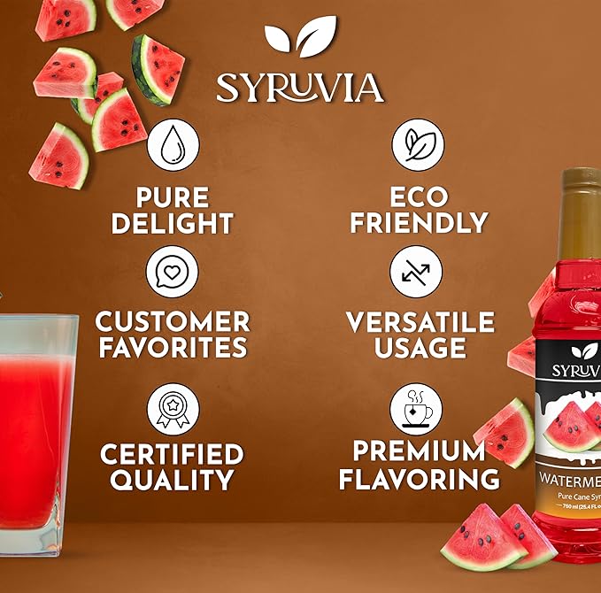 Syruvia Watermelon Syrup, Flavored Syrup for Drinks, Cocktails, Lemonades, Iced Teas, and Desserts – 25.4 fl oz