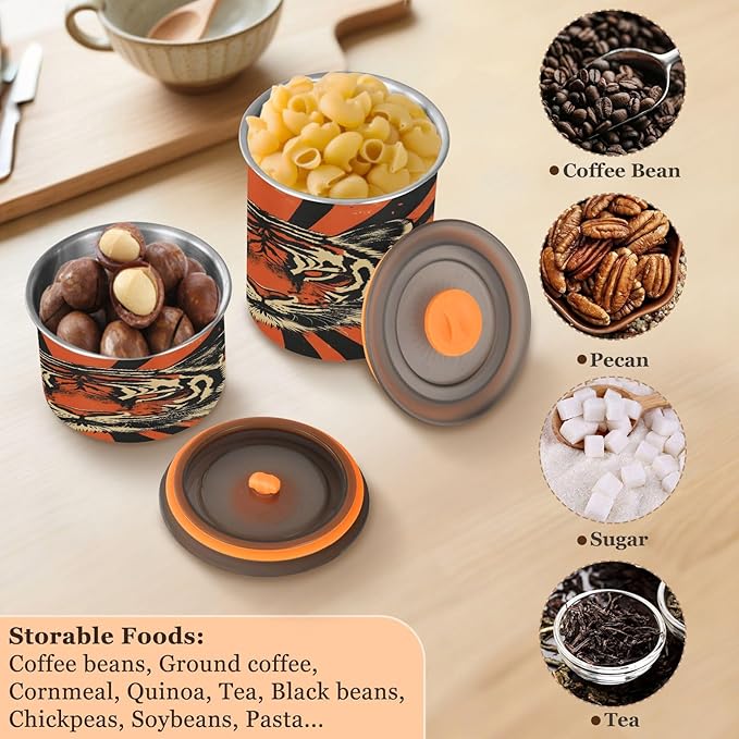 YETTASBIN Tiger Airtight Food Storage Containers 500ml/17oz, Stainless Steel Coffee Canisters with Vacuum-Lock Lid for Kitchen Organization, Coffee Bean, Tea, Sugar, Flour