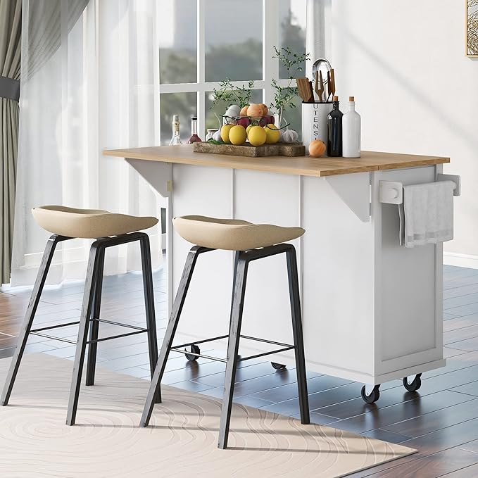 Yayzy Rolling Kitchen Island with Drop Leaf, Cabinet Door Storage Racks & 3 Drawers, Mobile Kitchen Cart with Rubberwood Top & Locking Wheels for Dining Room & Kitchen, 53-Inch, White