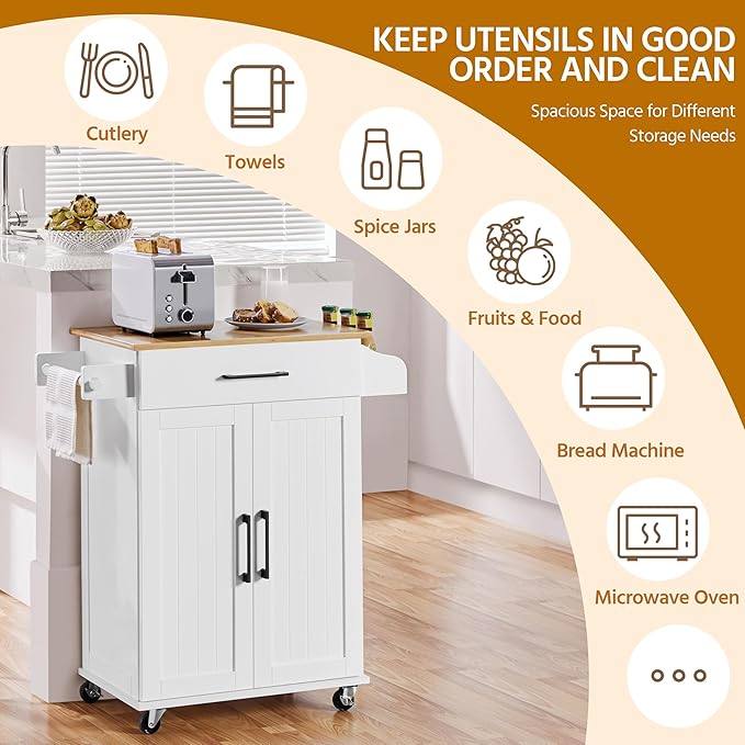 Yaheetech Kitchen Cart with Bamboo Tabletop, 32" Width Rolling Kitchen Island with Drawer and Adjustable Shelf, Storage Cabinet with Spice Rack Towel Bar for Dining Room Kitchen Living Room, White
