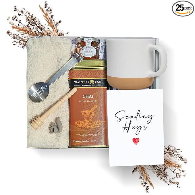 Modern Elegance Tea Lover's Gift Basket – Get Well Gift Box with Cozy Socks, Ceramic Mug, 18 Full Leaf Sachets, Honey Jar, and Sending Hugs Card (Chai + Ceramic Mug)