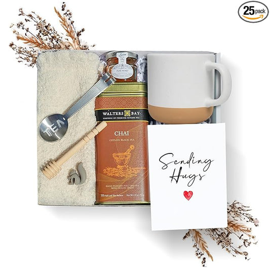 Modern Elegance Tea Lover's Gift Basket – Get Well Gift Box with Cozy Socks, Ceramic Mug, 18 Full Leaf Sachets, Honey Jar, and Sending Hugs Card (Chai + Ceramic Mug)