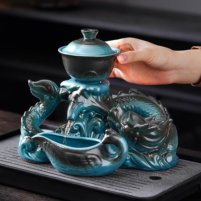 Semi Automatic Tea Set Ceramic Teapot with Infuser Magic Teapot with 8 cups (Light Blue Dragon-D)