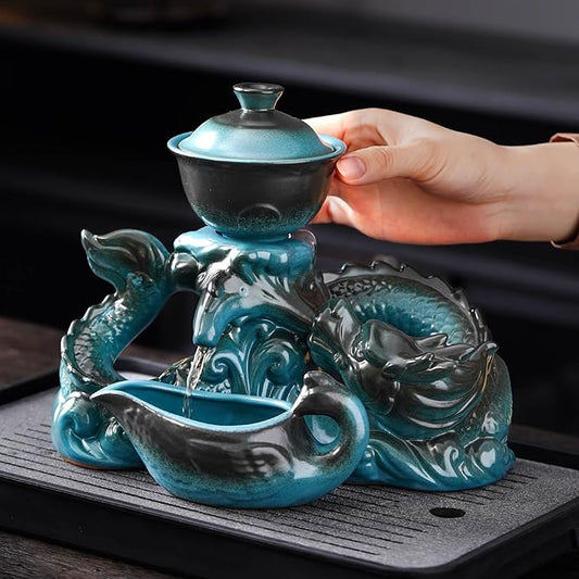 Semi Automatic Tea Set Ceramic Teapot with Infuser Magic Teapot with 8 cups (Light Blue Dragon-D)