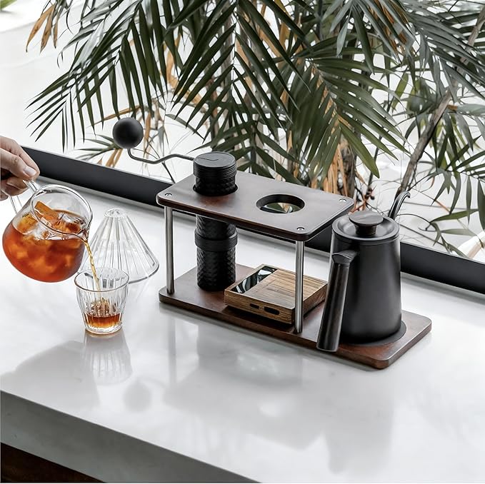 seicasaya Pour Over Coffee Station Solid Sapele Wood & Stainless Steel Dual Dripper Stand Coffee Organizer (Dark Wood)