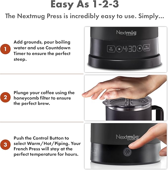 Nextmug Press - Temperature-Controlled, Self-Heating French Press (Black - 40 oz.)