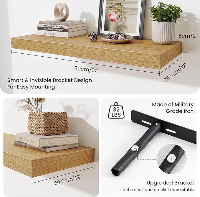 Fun Memories 32 x 12 Floating Shelves Wall-Mounted - Rustic Wood Shelf - 12 Inch Deep Floating Shelves for Wall - Large Storage Shelf for Bathroom - Kitchen & Bedroom - Oak - Set of 2