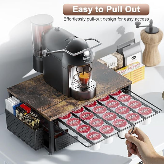 K Cup Holder, Coffee Pod Holder with 2 Tier Sliding Storage Drawer and 1 Hanging Basket for 51 Large or 73 Small Capsule,K Cup Coffee Station Organizer Accessories for Counter,Home,Office,Kitchen