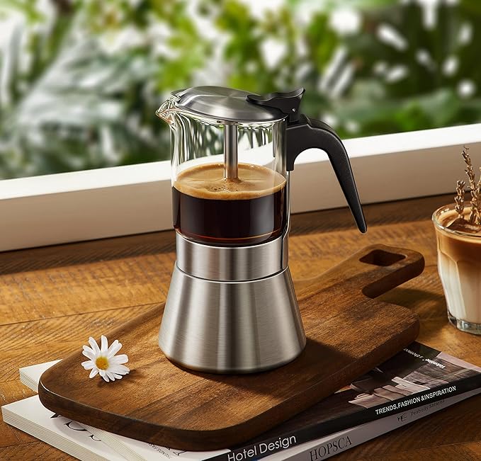 SIXAQUAE Moka Induction Stovetop Espresso Maker With Pressure valve,Crystal Glass-top & Stainless Steel Esprosso Moka Pot,240ml Classic Italian Coffee Maker