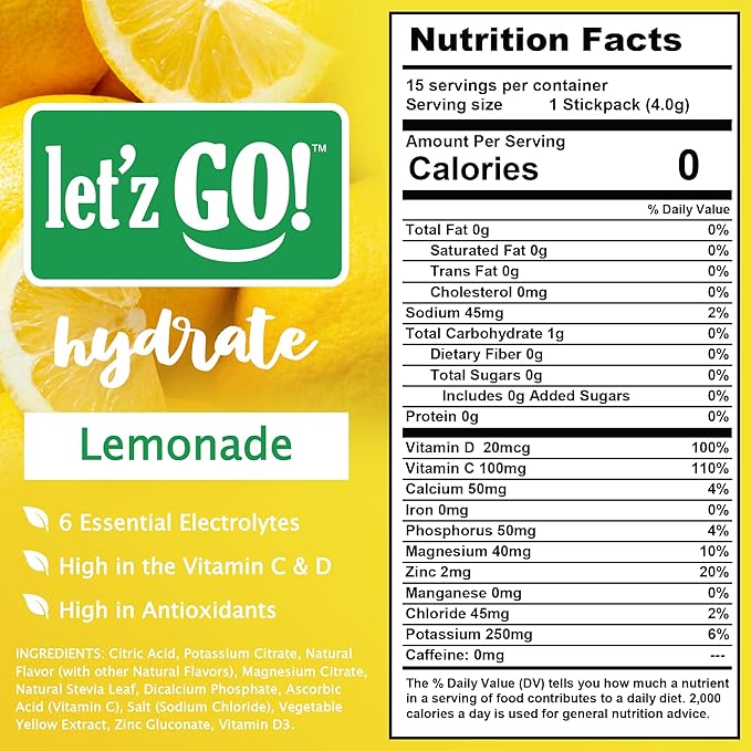 Let'z Go! Hydrate- Natural Hydration + Electrolyte Drink Mix- Hydration + Electrolytes + Antioxidant Powder Packets, Natural Flavors, Vitamins C + D | No Sugar | No Calories | (15 Count) Lemonade