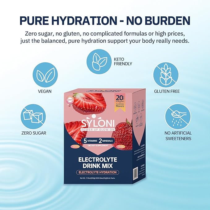 Electrolytes Powder Packets, Strawberry(0.36 oz*20 Sticks), Sugar Free Hydration Packets Electrolyte Drink Mix with 7 Vitamins and Electrolytes, Keto Friendly, Vegan, Gluten Free