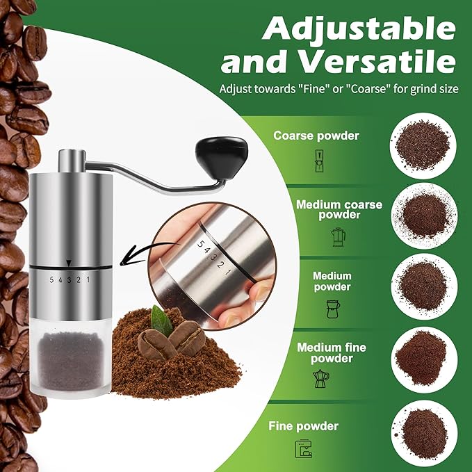 Manual Coffee Grinder With Ceramics Burr for Espresso,French Press,5 Adjustable Settings,Hand Coffee Grinder,For Home Use and Camping Travel,Coffee Bean Grinders With Hand Crank (Silvery)