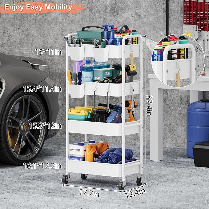 4 Tier Rolling Cart Metal with Wheels, White Four Tiered Rolling Storage Cart on Wheels, Utility Roller Carts Organizer for Art, Craft, Baby Diaper Caddy, Snack, Book, Large-Capacity Shelving Units