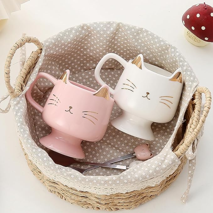 Yuwu Ceramic Coffee Mug, Cute Cat Tea Mug with Spoon, Funny Gifts for Women Girls for cat lovers (Pink)