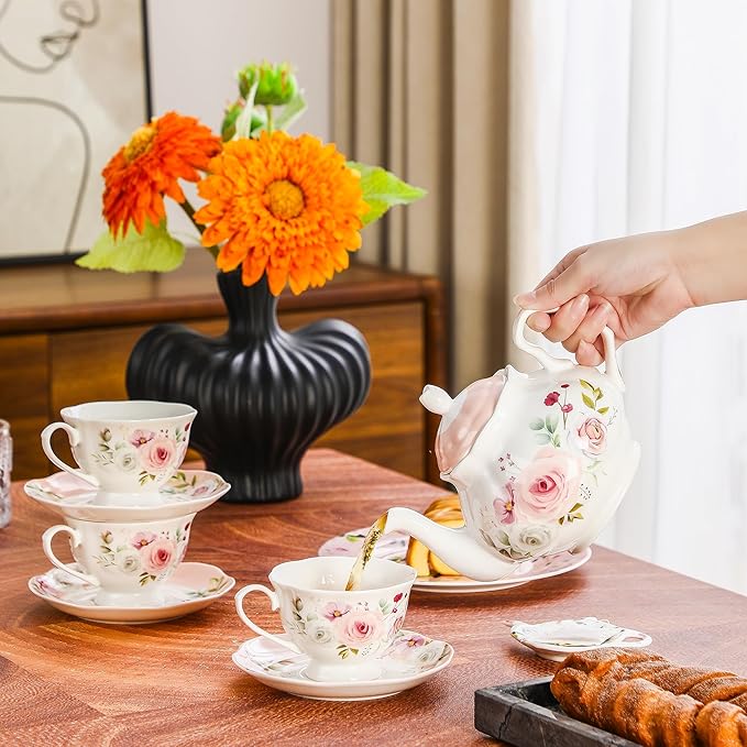 27oz Floral Porcelain Teapot, Classic Ceramic Teapot for Loose Leaf Tea & Tea Bags, Elegant Small Teapot with Rose Pattern, Dishwasher Safe
