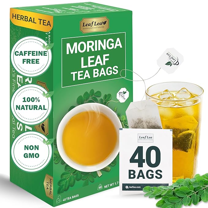 LeafLea 40 Moringa Tea Bags, 100% Natural and Pure Moringa Leaf Herbal Tea, Supports Digestion and Immune Health, Caffeine-Free, Sugar-Free, Vegan, Individually Wrapped for Freshness