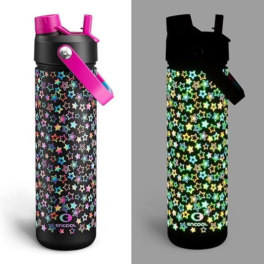 ENCOOL Insulated Water Bottle with Straw Stainless Steel Water Bottle, Glow in the Dark, Leak-Proof, BPA-Free, Keeps Cold for 24 Hours for Sports, Travel, School (26 oz, Neon Starfall)