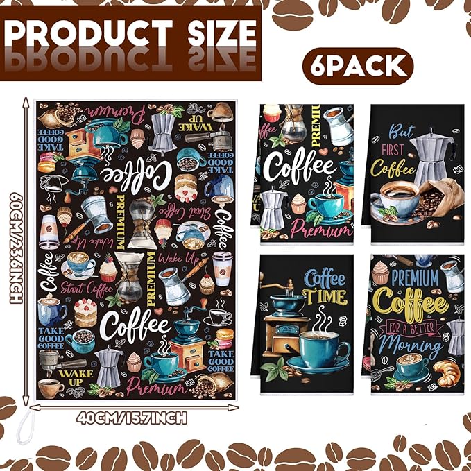 Ferraycle 4 Pieces Kitchen Dish Cloths Coffee Kitchen Hand Towels Absorbent Tea Towels 24 x 16 Inches, Cafe Lover Gift Bar Decorative Dish Cloths Rags, for Farmhouse(Black,Coffee Time)