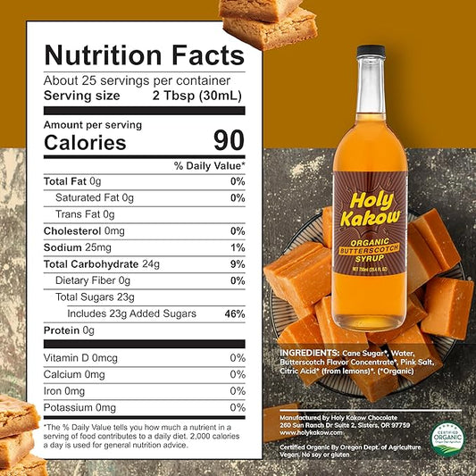 Holy Kakow Organic Butterscotch Syrup - Coffee Syrup, Liquid Sugar Coffee Flavoring Syrup, Cane Sugar Syrup, Liquid Sugar for Iced Coffee, Butterscotch Syrup for Coffee, All-Natural, Non-GMO - 750 ml
