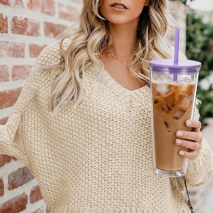 24oz Tumbler with Lid and Straw, Leak Proof and Double Wall Insulated Reusable Plastic Cups,Travel Reusable Iced Coffee Cup (1, Purple)
