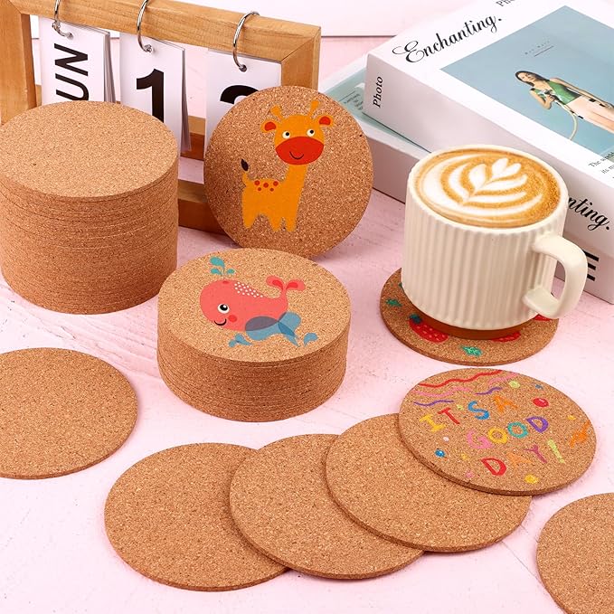 100 Pcs Cork Coasters for Drinks 4 Inch Absorbent Corkboards Blank Heat Resistant Round Cork Coaster Bulk Tea or Coffee Wooden Thick Bar Coaster Set for Drink Wine Glass Mug Coffee Cup DIY Crafts