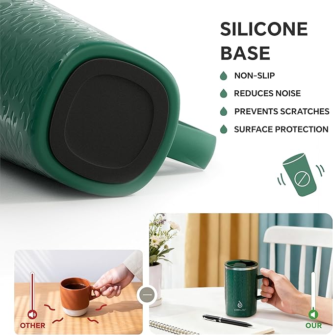 Ideus Vacuum Insulated Coffee Mug, 16oz Reusable Stainless Steel Thermal Double Walled cup with Handle and Slider Lid for Hot & Cold Beverages, BPA Free (Leapord Dark Green)