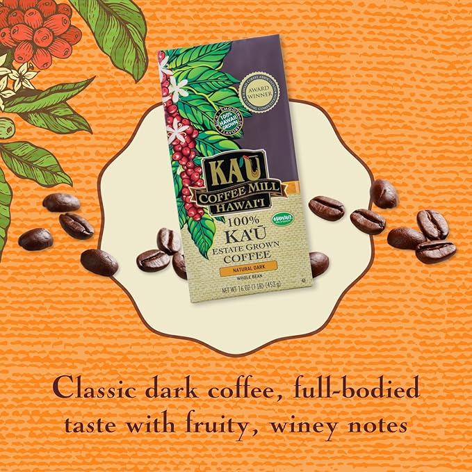Ka'u Coffee Mill Natural Dark Roast Whole Bean Coffee - Fruit, Spice, Cocoa & Molasses Notes - Handpicked & Naturally Processed Hawaii Grown Arabica Beans - Gourmet Premium Small Batch - 16oz
