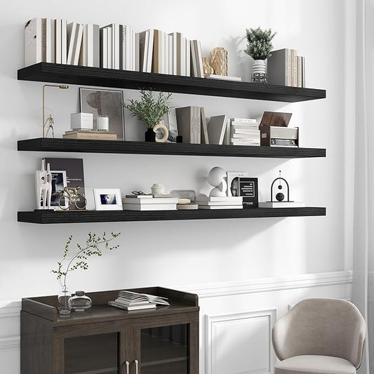 72 inch Floating Shelves for Wall, 12 Inch Deep Floating Shelf, Hanging Shelf with Invisible Brackets, Rustic Wooden Wall Shelves for Bathroom, Bedroom, Living Room,Farmhouse Set of 1,Black