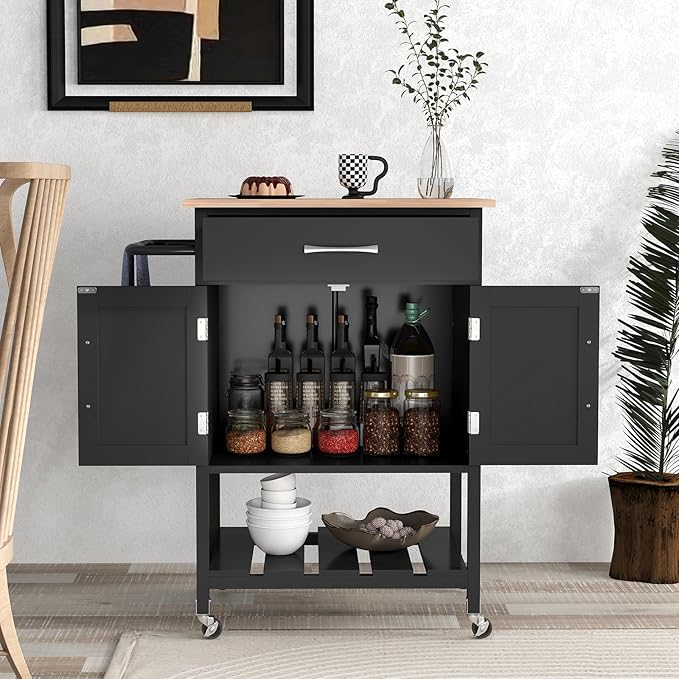 Giantex Rolling Kitchen Island Cart, Mobile Serving Cart with Drawer, 2-Door Storage Cabinet, Storage Shelf, Towel Rack, Food Prep Utility Cart on Wheels for Dining Room, Living Room (Black)