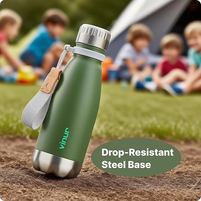 VINUR Kids Water Bottle-12 oz Stainless Steel Double Wall Vacuum Insulated Water Bottle for School-Cola Shape Flask with Carry Rope(Grass Green)