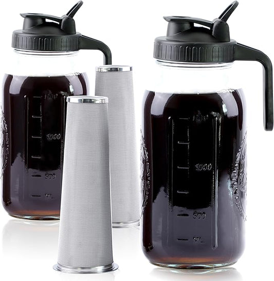 Cold Brew Coffee Maker 64 Oz Mason Jar Iced Coffee Maker 2 Set Half Gallon Glass Pitcher With Pour Spout Lids 2 Quart Wide Mouth Cold Brew Pitcher With Strainer For Fridge, Lemonade, Cold Brew, Milk
