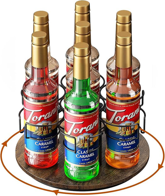 Kssiaz Rotating Coffee Syrup Organizer, 7 Bottles Coffee Syrup Rack for Countertop Syrup Bottle Holder Stand for Coffee Bar Station, Carbon Steel Frame with Wooden Base Coffee Bar Accessory, Black