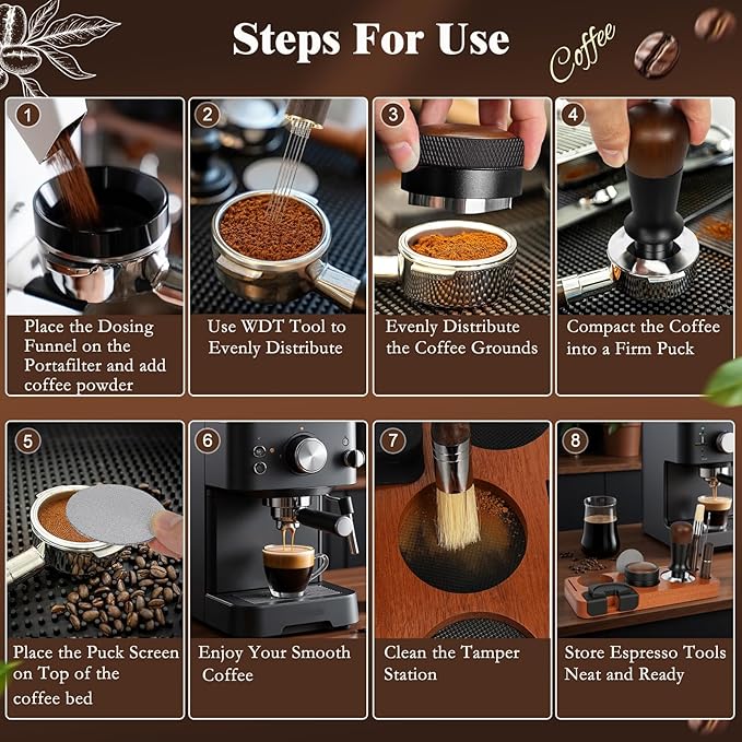 8 PCS Espresso Accessories Kit, 51mm Espresso Tamper Kit Coffee Tamper Set with Coffee Distributor, Espresso Tamping Station, Espresso WDT Stirrer, Puck Screen,Dosing Funnel