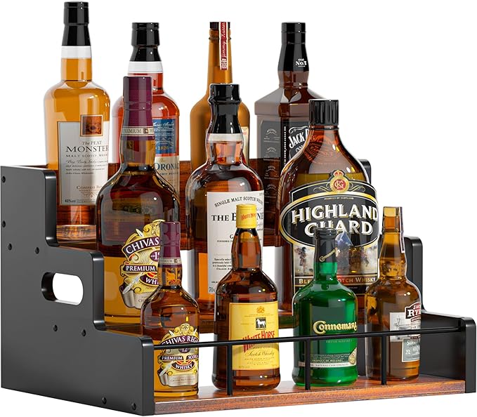 Yelinkws Liquor Bottle Display Shelf,Wood Syrup Organizer Rack,3 Step Countertop Organizer Wine Rack,Rustic Coffee Station Accessories for Syrup (Brown)