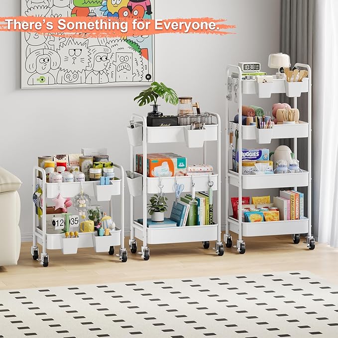 4 Tier Rolling Cart Metal with Wheels, White Four Tiered Rolling Storage Cart on Wheels, Utility Roller Carts Organizer for Art, Craft, Baby Diaper Caddy, Snack, Book, Large-Capacity Shelving Units