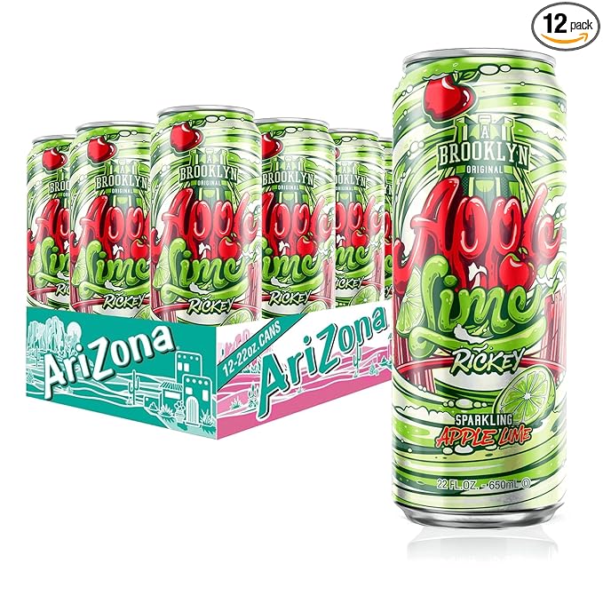 AriZona Apple Lime Rickey Soda, A Brooklyn Original Sparkling Drink - Big Can, 22 Fl Oz (Pack of 12)