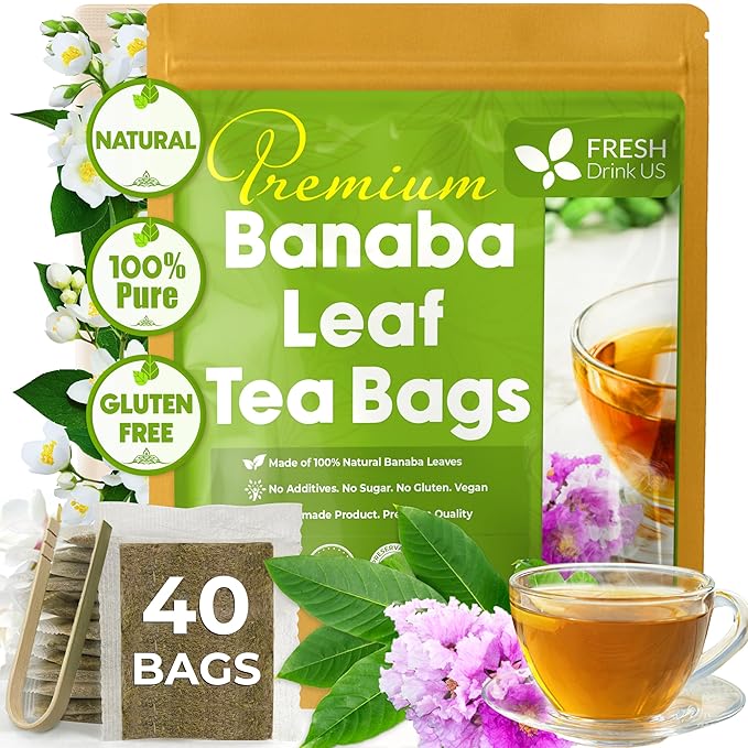 FreshDrinkUS, Premium 40 Banaba Tea Bags, 100% Natural & Pure from Banaba Leaves. Loose Leaf Banaba Herbal Tea. No Sugar, No Caffeine, No Gluten, Vegan.