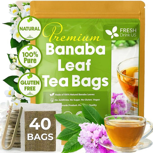 FreshDrinkUS, Premium 40 Banaba Tea Bags, 100% Natural & Pure from Banaba Leaves. Loose Leaf Banaba Herbal Tea. No Sugar, No Caffeine, No Gluten, Vegan.