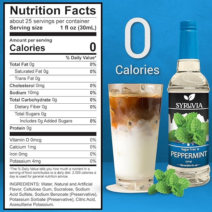 Syruvia Sugar Free Peppermint Syrup for Coffee, Flavored Syrup for Drinks, Lattes, and Desserts – 25.4 fl oz, With Pump