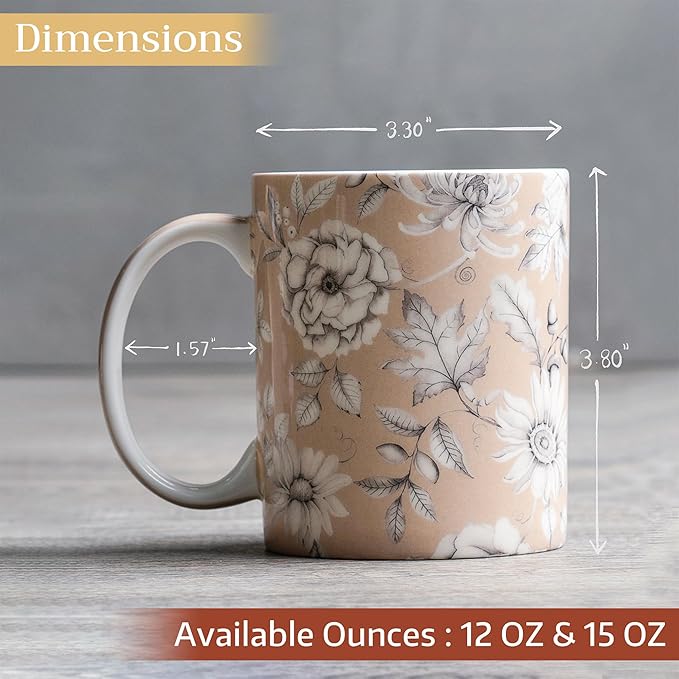 Maison d' Hermine Coffee Mug with Handles Fine Bone China Mugs Pack of One Tea Cups for Hot Beverages Cappuccino Latte Home Restaurant Office Perfect for Gift (Pretty Autumn - Pretty Mono, 15 Ounce)