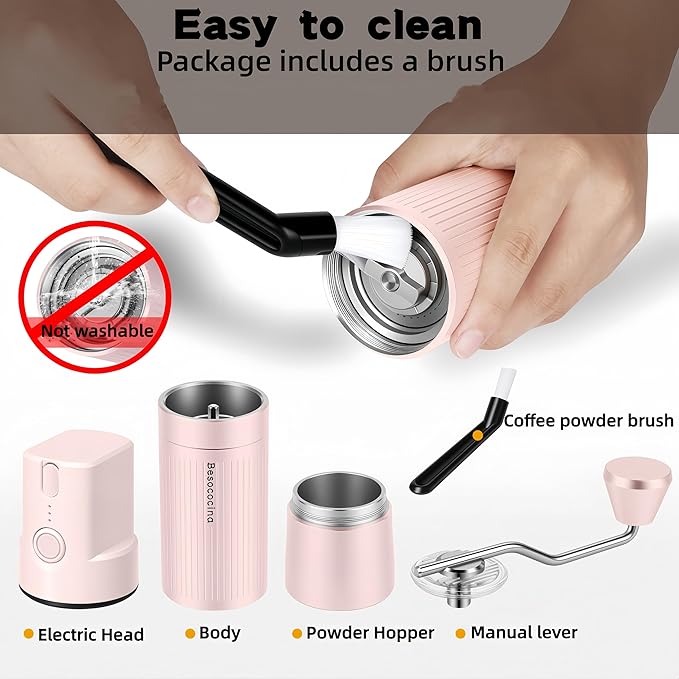 Burr Coffee Grinder 2-in-1 Manual/Electric, 40mm Stainless Steel Conical Burr Coffee Bean Grinder, USB Rechargeable Home Use, 16 Grind Levels for Espresso/Drip/French Press/Mocha (Pink)