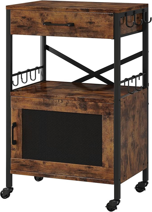 Homeiju Kitchen Island Cart, Kitchen Storage Cart with Drawer, Microwaves Stand, Coffee Cart, Rolling Kitchen Cabinet Cart with Hooks for Kitchen, Dining Room