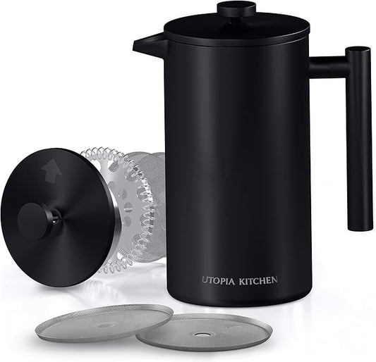 Utopia Kitchen 304 Grade Stainless Steel French Press Coffee Maker 50 Oz, Double Wall Insulated Coffee Press with 4-Level Filtration system, Include 2 Extra Filters, Rust-Free, Black