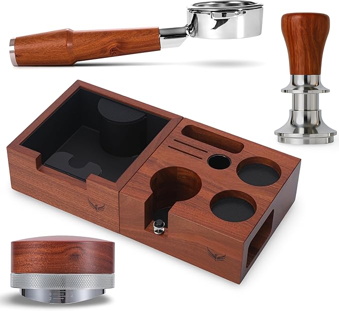 KNODOS 58mm Gaggia Espresso Accessories Kit –Rosewood Naked Portafilter, Auto-Level Espresso Press, Ground Distribution Tool, Wooden Barista Holder & Coffee Puck Knock Bin