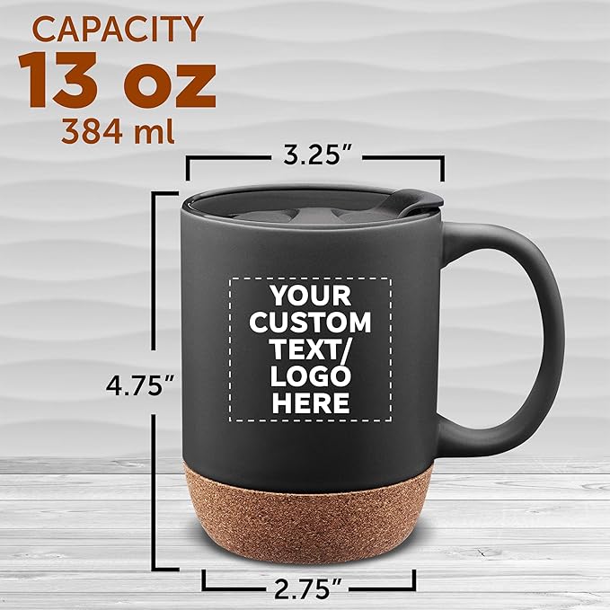 Custom Barista Ceramic Mugs with Cork Bottom 13 oz Set of 12/36/72 Personalized Bulk Pack Perfect for Coffee Tea Espresso Hot Cocoa Other Beverages - Black