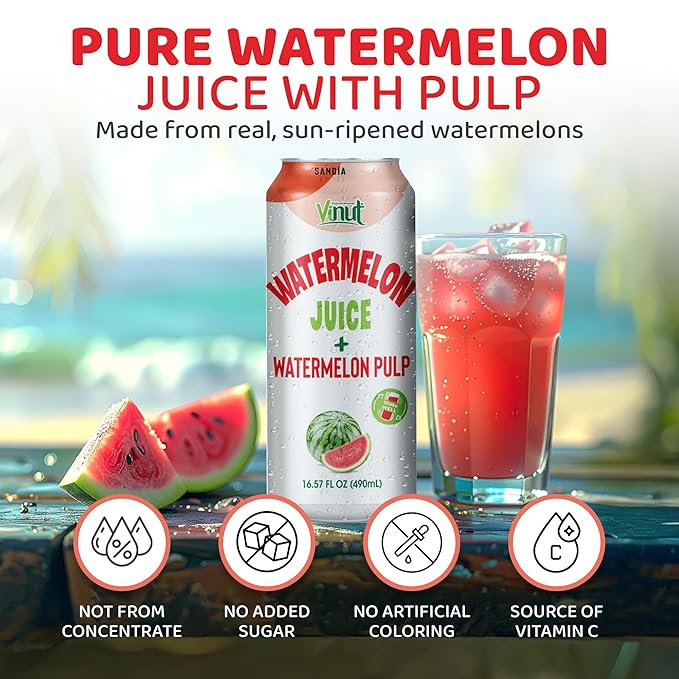 Vinut Natural Watermelon Juice Drink with Pulp, (16.57 fl oz, Pack of 12) Real Watermelon Juice, No Sugar Added, Gluten Free, GMO-Free