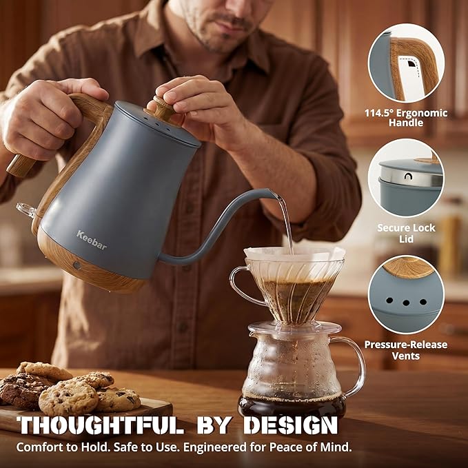 Gooseneck Electric Kettle, Electric Tea Kettle Stainless Steel, Electric Kettle for Coffee, 1000W Kettle Electric Auto Shut Off, 0.8L, Wood-like Grain Finish Handle, Gray