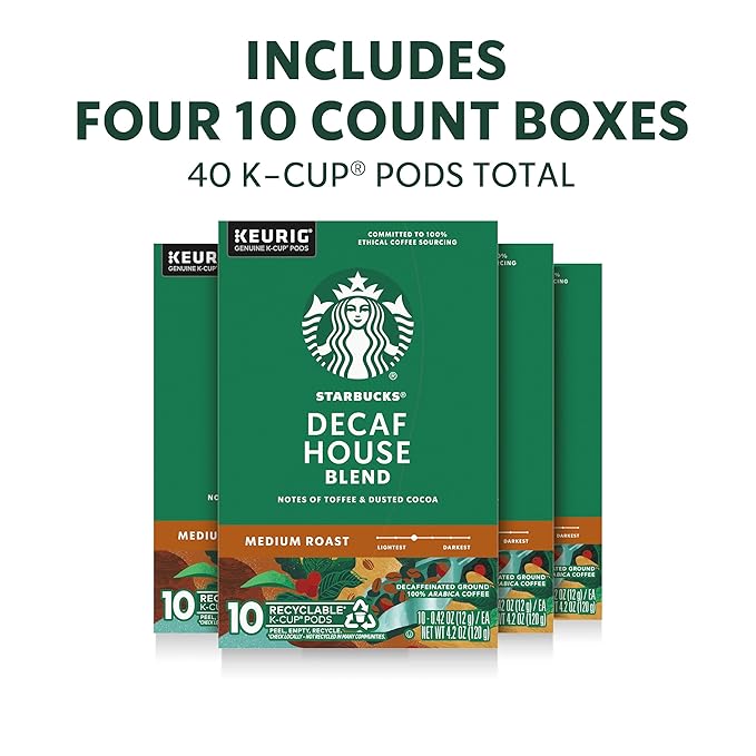 Starbucks K-Cup Coffee Pods, Medium Roast Hot or Iced Coffee, Decaf House Blend, 40 Keurig Pods