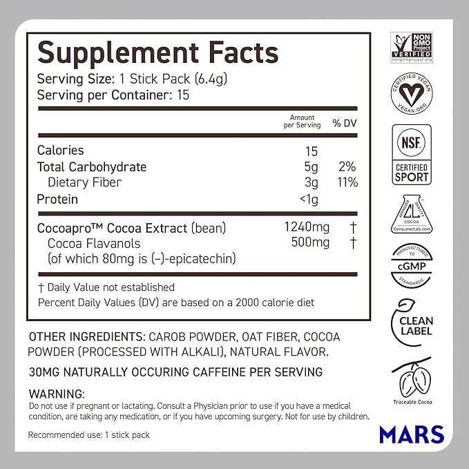 CocoaVia Cardio Health Cocoa Powder, 15 Single Serve Sticks, 500mg Cocoa Flavanols, Support Heart Health, Boost Nitric Oxide, Improve Circulation, Energy, Preworkout, Travel-Friendly, Vegan, Cacao